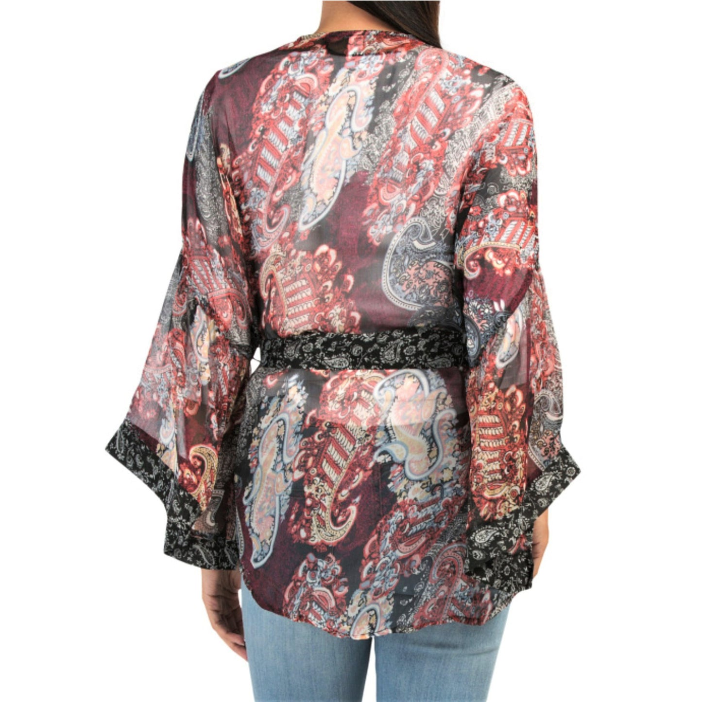 Steve Madden Women's Boho Semi-sheer Paisley Print Belted Kimono Cover-Up / Top
