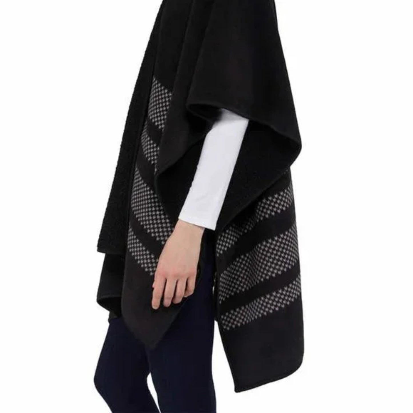 Ike Behar Women's Reversible Wrap with High Pile Fleece Black and Gray Stripes