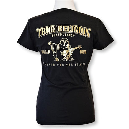 True Religion Women's Gold Metallic Buddha  Logo Graphic Print Cotton T-Shirt