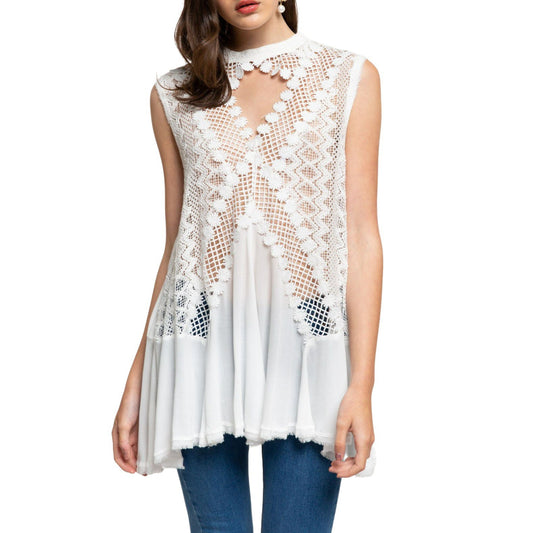 POL Women's Crochet Lace High Neck with Keyhole Flowy Blouse Tunic Top