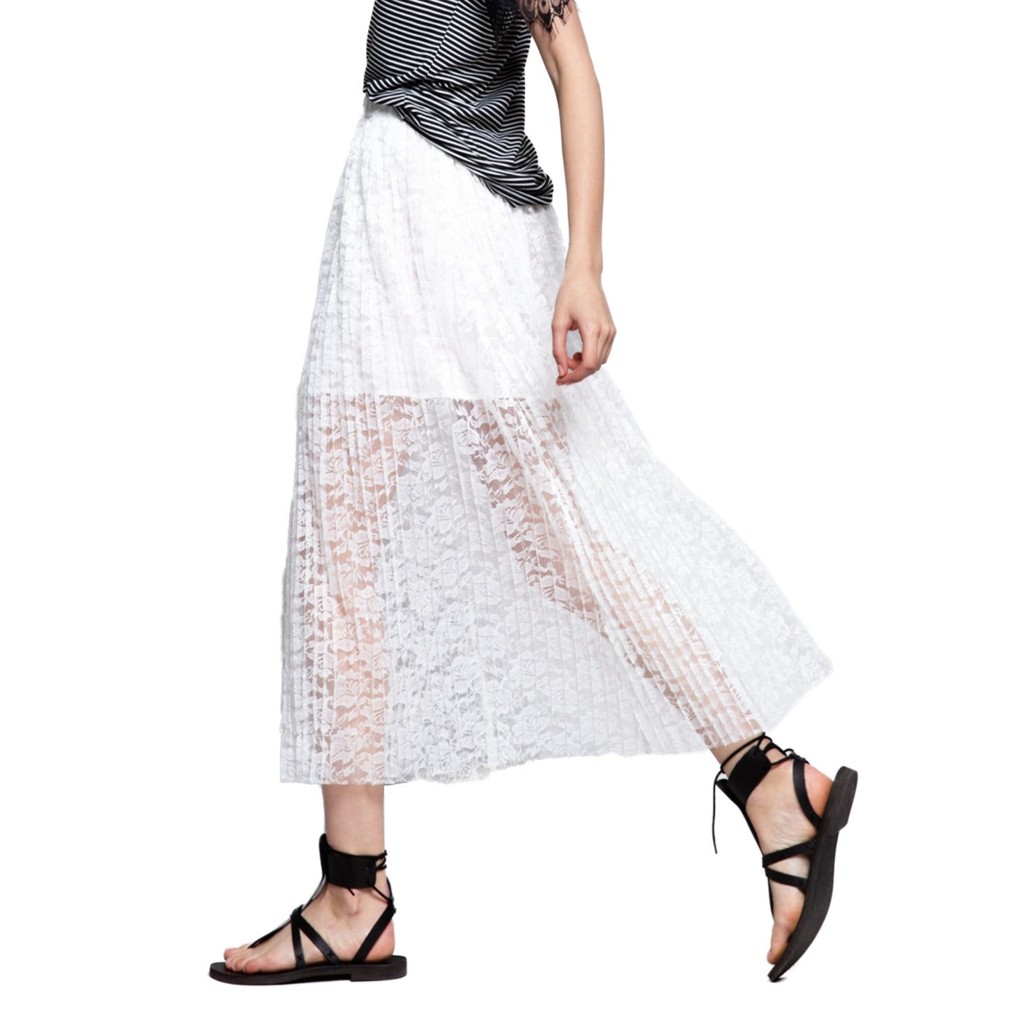 POL Pleated Floral Lace Overlay Midi Skirt