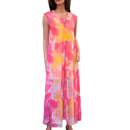 AMERICA & BEYOND Tie Dye Lined Tiered Cover-up Maxi Dress
