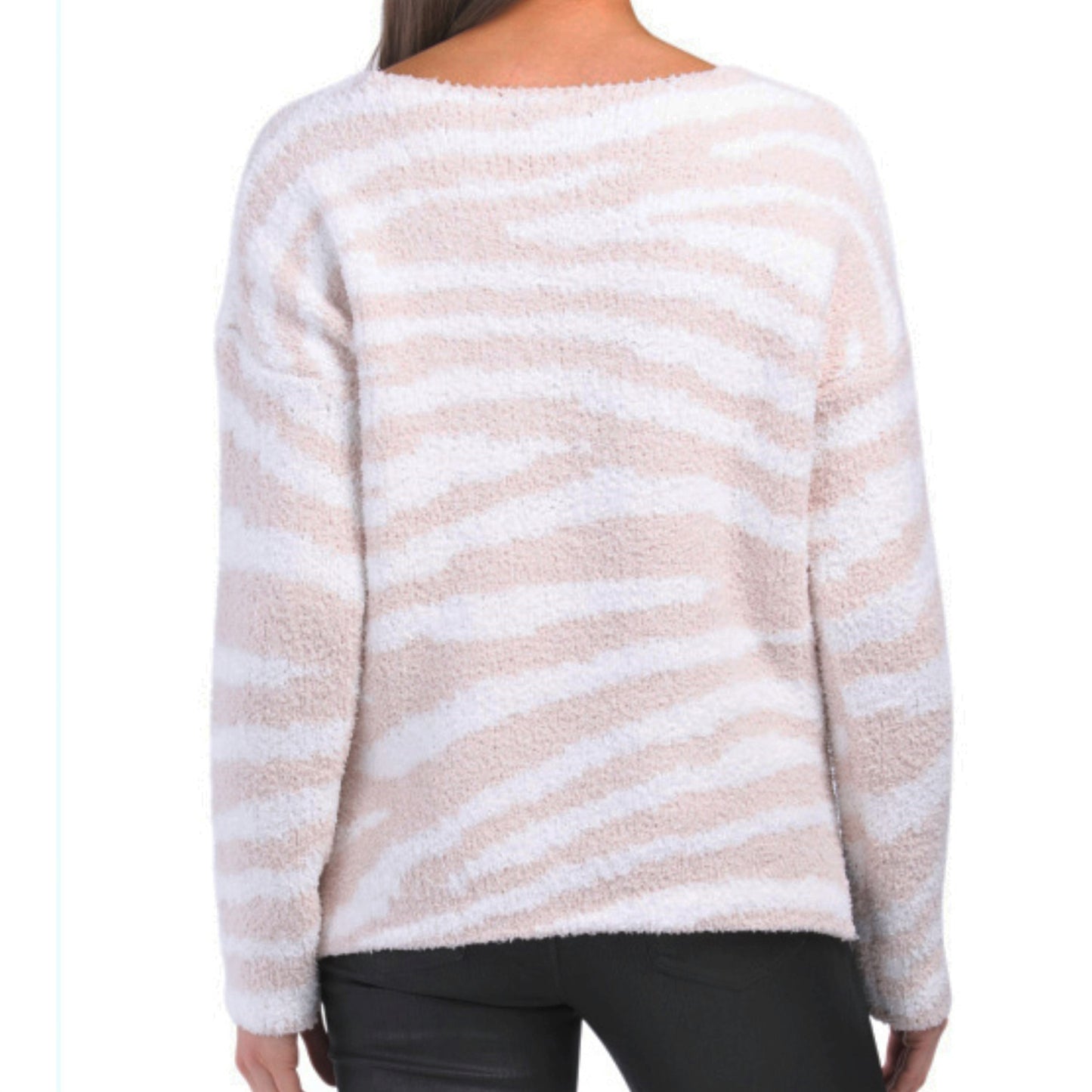 Rachel Zoe V-Neck Hi-Low Hem Fuzzy Knit Zebra Print Cozy Sweater