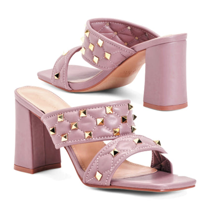 Nicole Miller Quilted Studded Square Toe Block Heel Slide-on Sandals