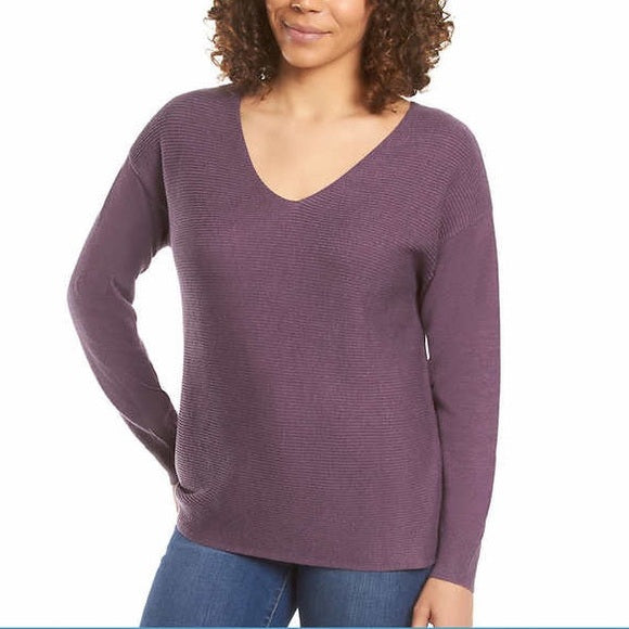 Ella Moss Ladies' Ribbed V-Neck Sweater Purple 1.jpg