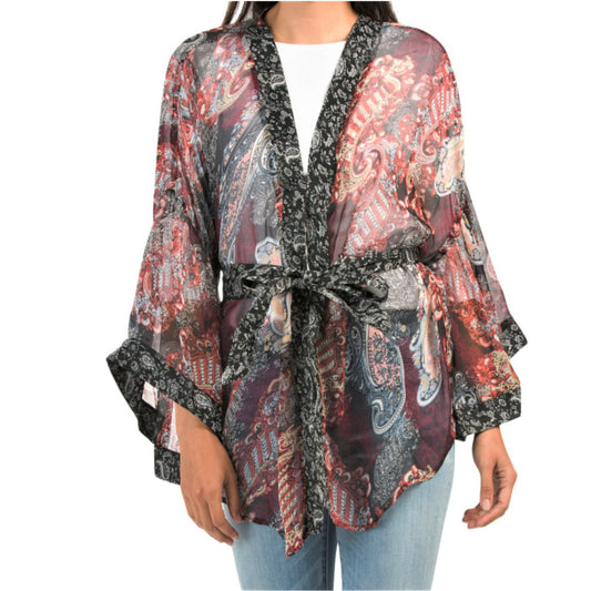 Steve Madden Women's Boho Semi-sheer Paisley Print Belted Kimono Cover-Up / Top