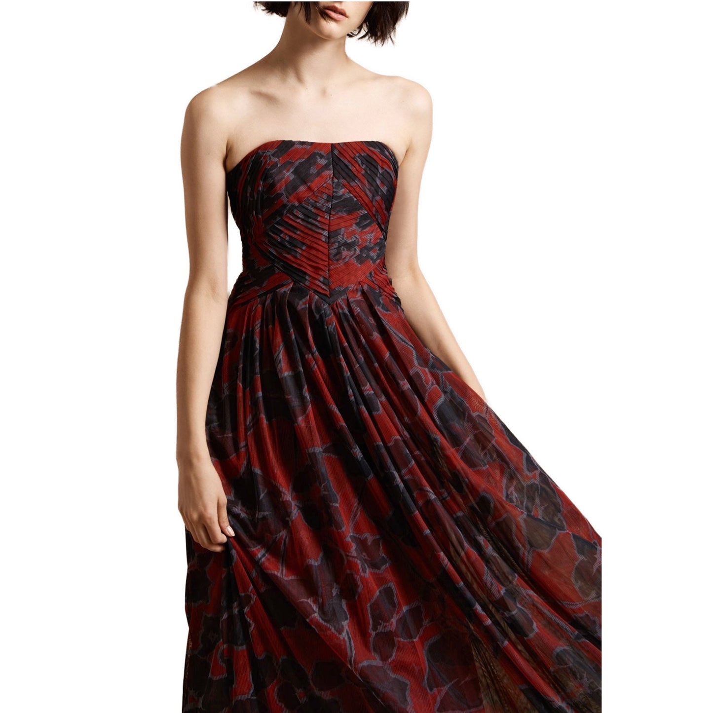 Halston Strapless Floral Printed Pleated Gown Maxi Dress