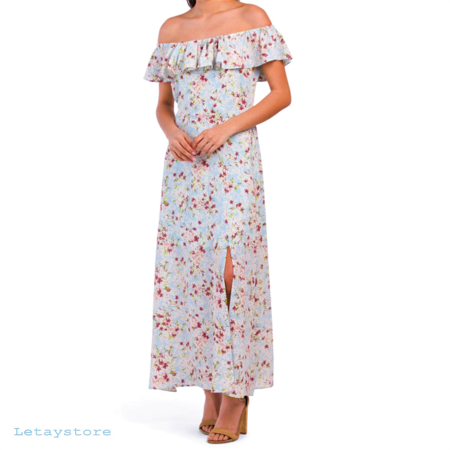 BCBGENERATION Ruffle Off The Shoulder Front Slit Floral Maxi Dress
