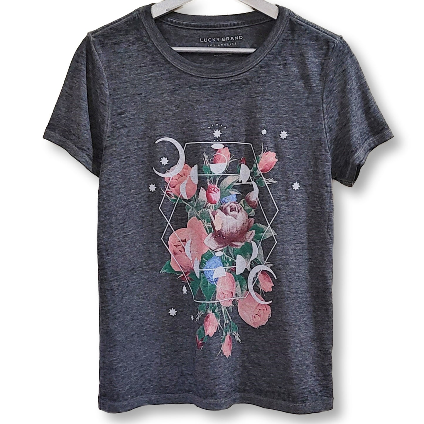 Lucky Brand Moon and Flowers Graphic Print Classic Cotton Blent T-Shirt