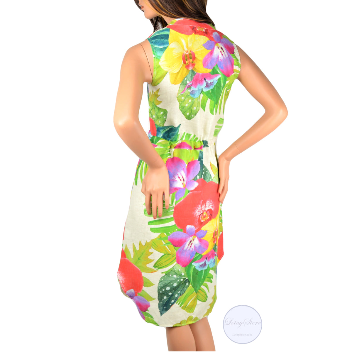 Allegra Masetti Tropical Print Linen Shirt Dress Made in Italy