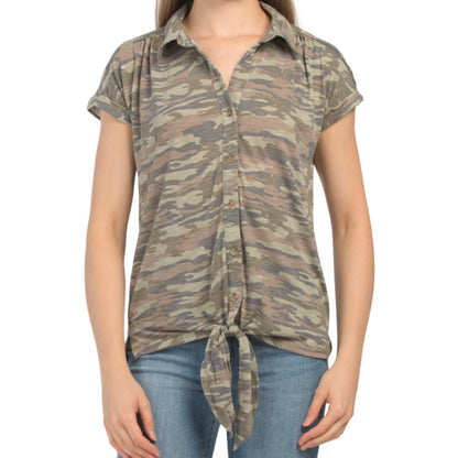 ALISON ANDREWS Camo Collared Button Down Tie Waist Top