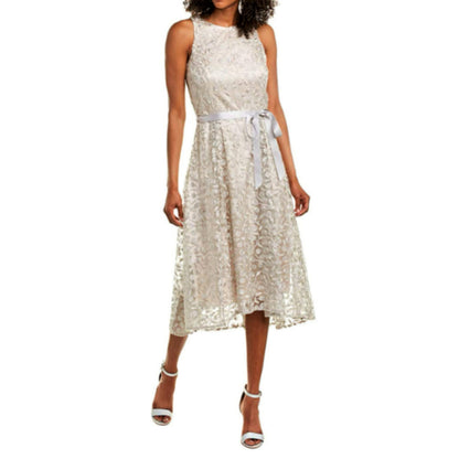 Tahari ASL Women's Floral Embroidered Lace Hi-Low Hem Party Midi Dress