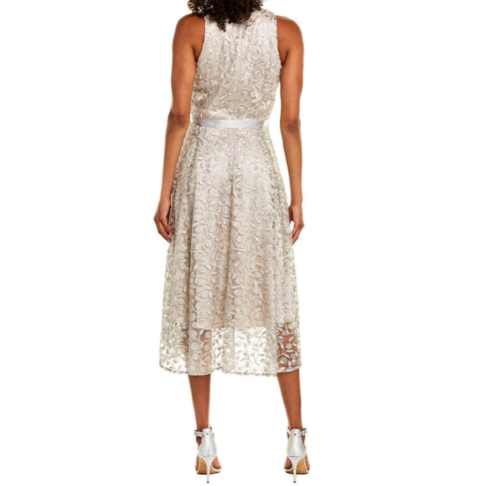 Tahari ASL Petite Size Embroidered Lace Sleeveless Hi-Low Midi Mother of the Bride Dress, Womens, 8P, Taupe Silver Tahari ASL Petite Size Embroidered Lace Sleeveless Hi-Low Midi Mother of the Bride Dress, Womens, 8P, Taupe Silver