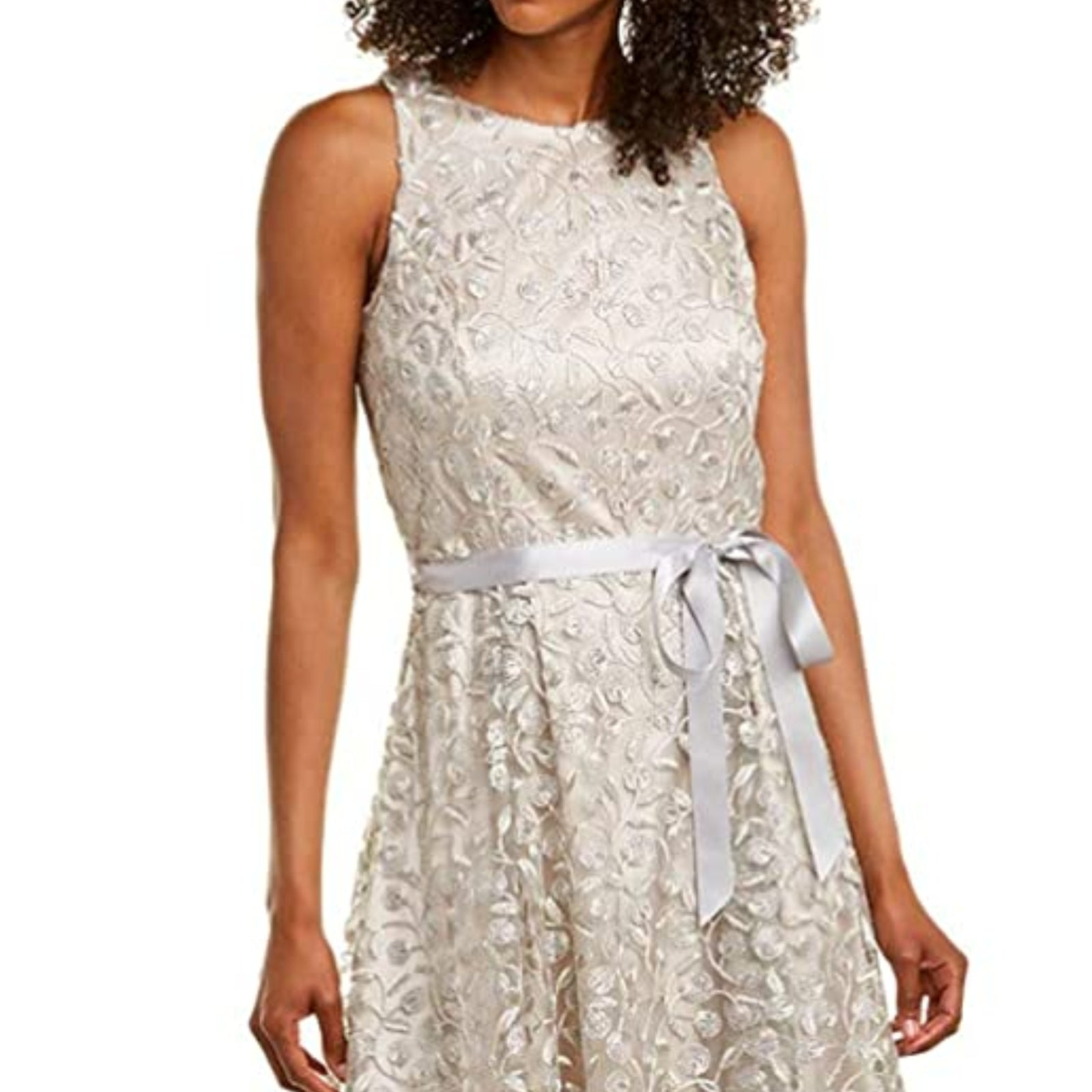 Tahari ASL Petite Size Embroidered Lace Sleeveless Hi-Low Midi Mother of the Bride Dress, Womens, 8P, Taupe Silver Tahari ASL Petite Size Embroidered Lace Sleeveless Hi-Low Midi Mother of the Bride Dress, Womens, 8P, Taupe Silver