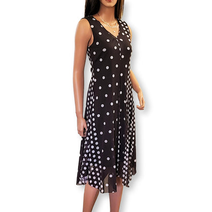 T TAHARI Women's Polka Dot Print Sharkbite Hem Mesh Overlay Midi Dress