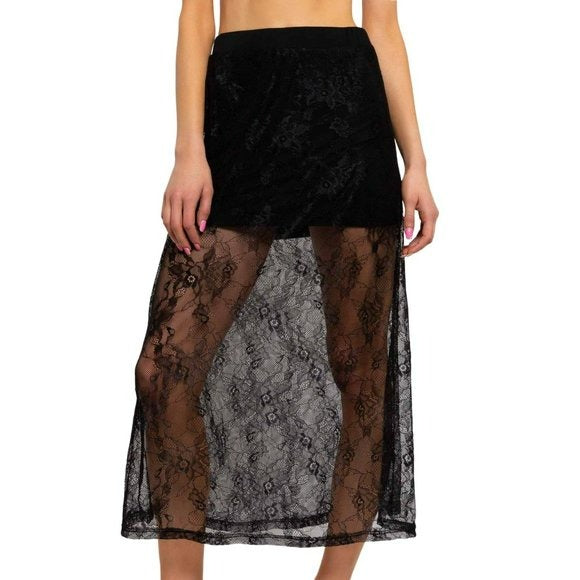 POL Boho Floral Lace Elastic Waistband Maxi Skirt