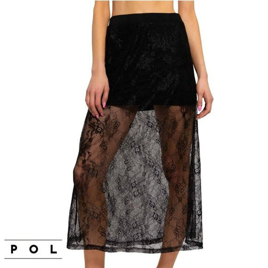 POL Boho Floral Lace Elastic Waistband Maxi Skirt