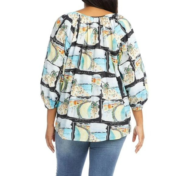 Karen Kane Women's Plus Boho Printed Peasant Blouse Tunic Top