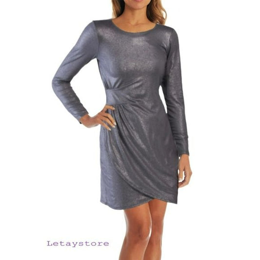 Tiana B Metallic Shimmer Foil Asymmetrical Ruched Cocktail Party Mini Dress