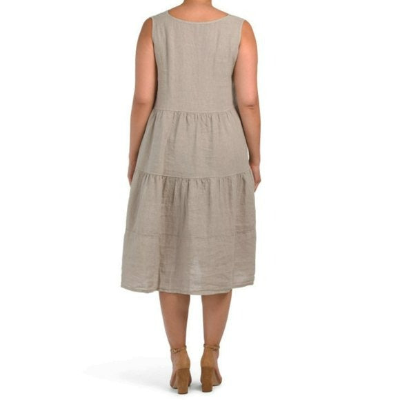 ROSEMARINE Plus Made In Italy Linen Sleeveless V-Neck Tiered Midi Dress