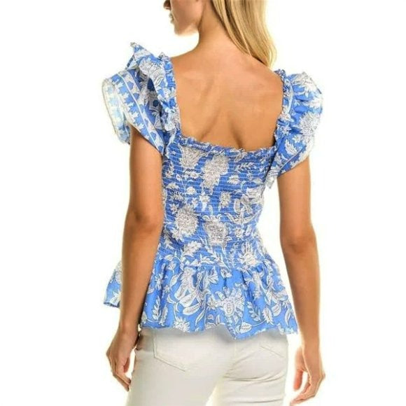 Jennifer & Grace Women's Blue Floral Print Peplum Ruffle Sleeves Smock Blouse Top