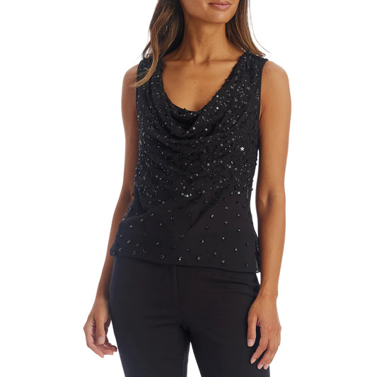 ADRIANNA PAPELL Women's Beaded Sequin Cowl Neck Top Party Blouse