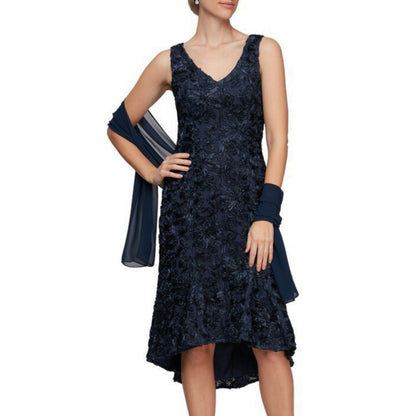 Alex Evening Women's Soutache Embroidered Lace Hi-Low Hem Flounce Midi Dress