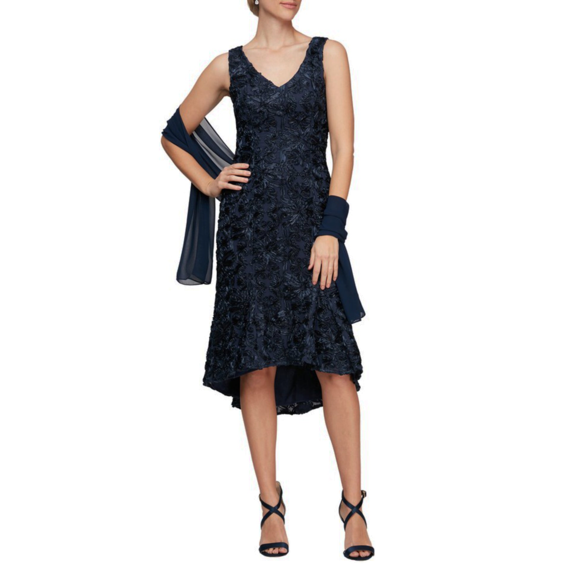 Alex Evening Women's Soutache Embroidered Lace Hi-Low Hem Flounce Midi Dress Blue / 10 Alex Evening Women's Soutache Embroidered Lace Hi-Low Hem Flounce Midi Dress Blue / 10