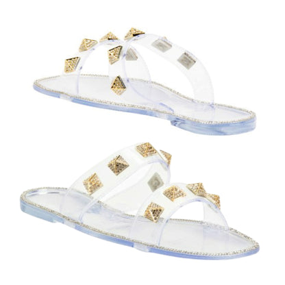 Bamboo Women's Stud Embellished Jelly Flat Slides Sandals