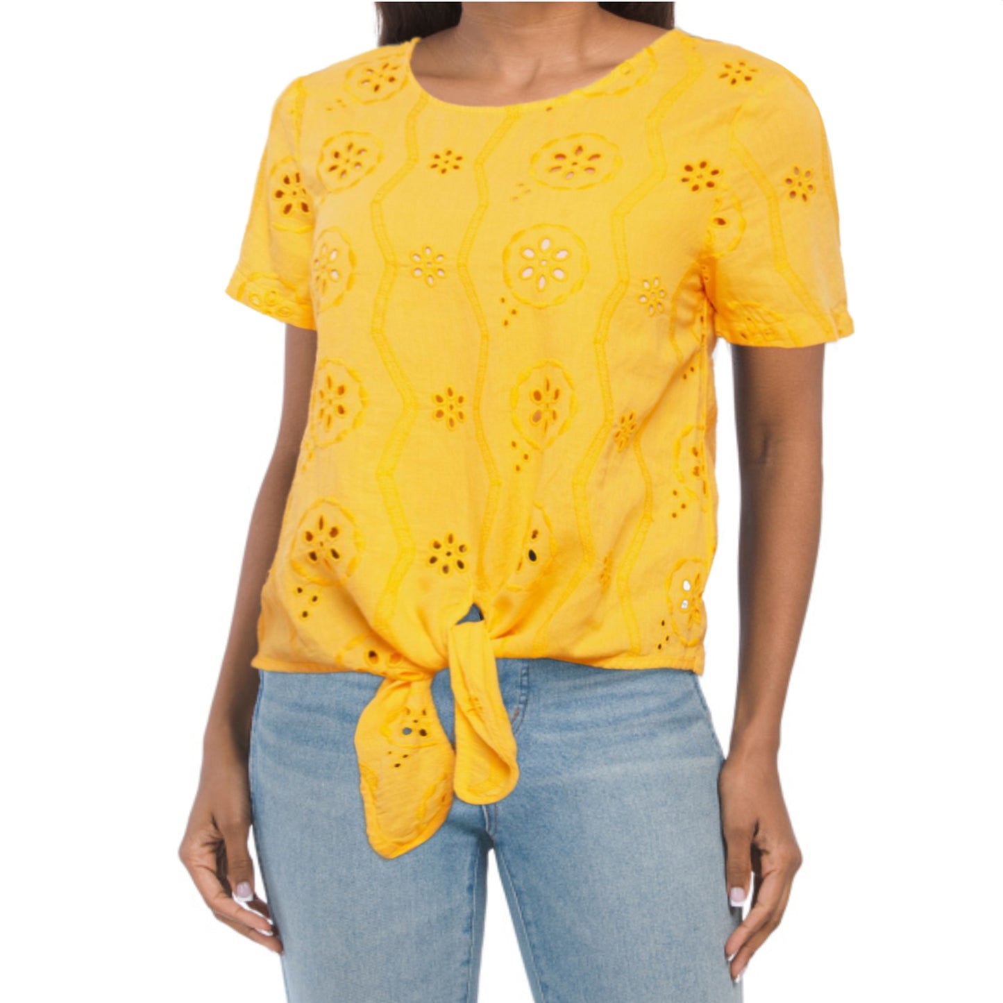 Christian Siriano Linen / Cotton Blend Tie-Front Eyelet Blouse Shirt