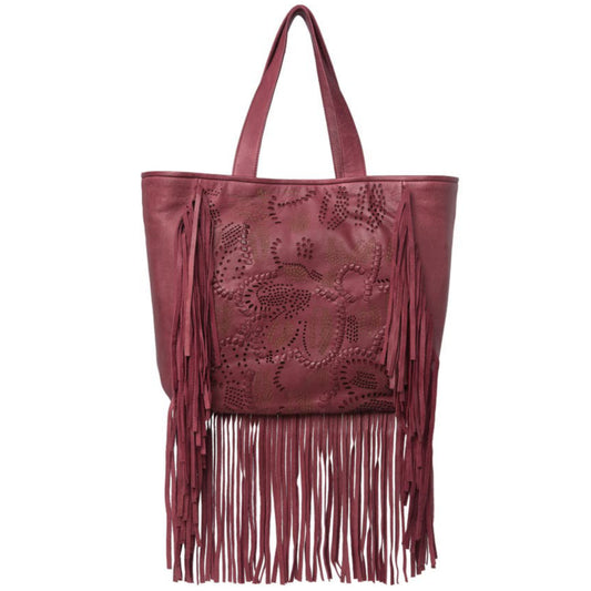 FRYE Vivian Leather Large Boho Perforated and Whipstitched Fringe Tote Bag