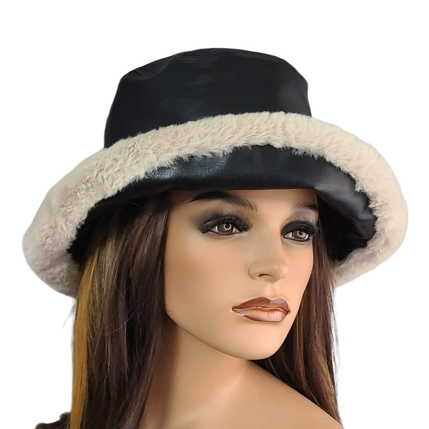 Glamorous Faux Leather Faux Fur Trim Bucket Hat