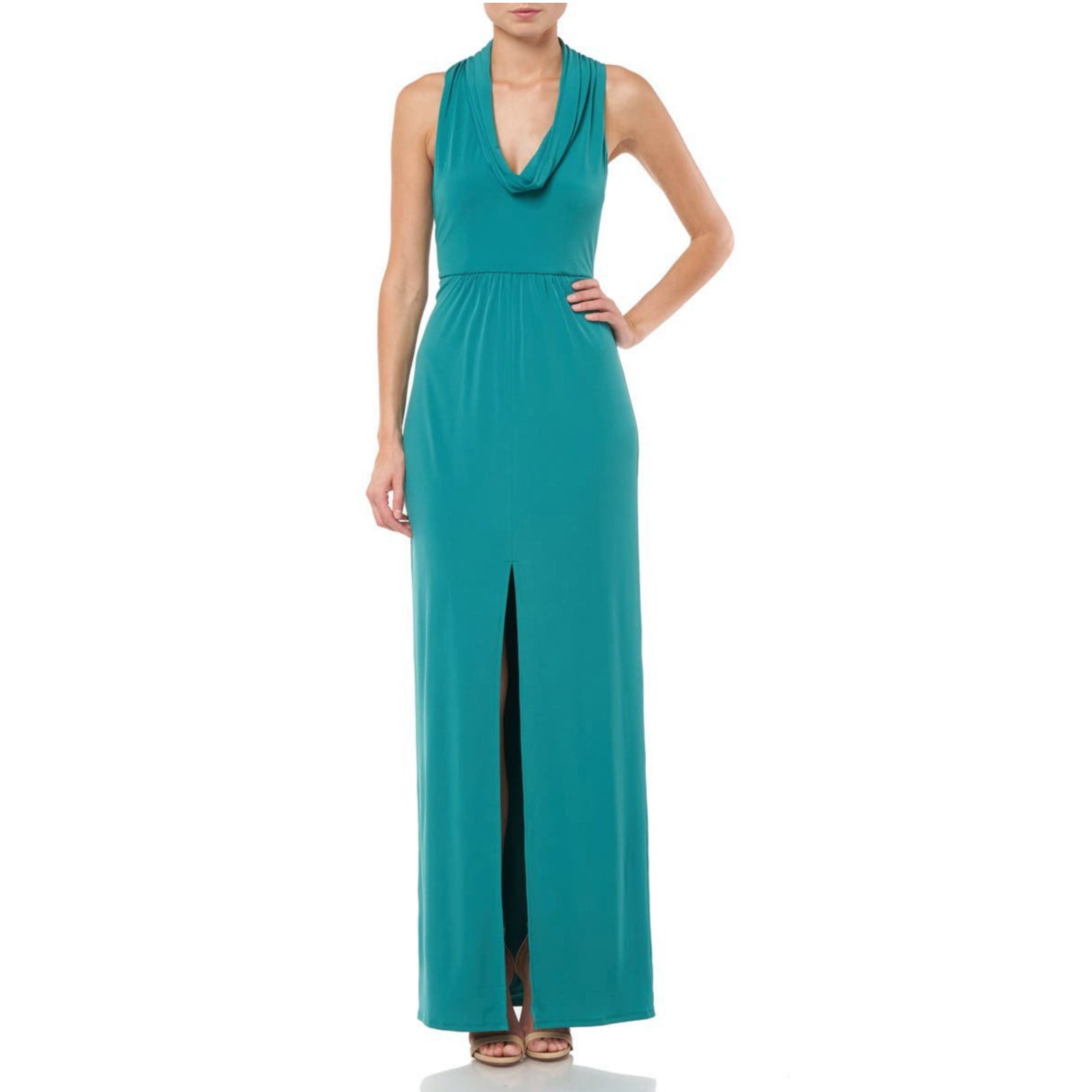 A green maxi dress with a cowl neckline and front slit, featuring a waist tie and a back zip closure, taken from the back showing the dress's full length.