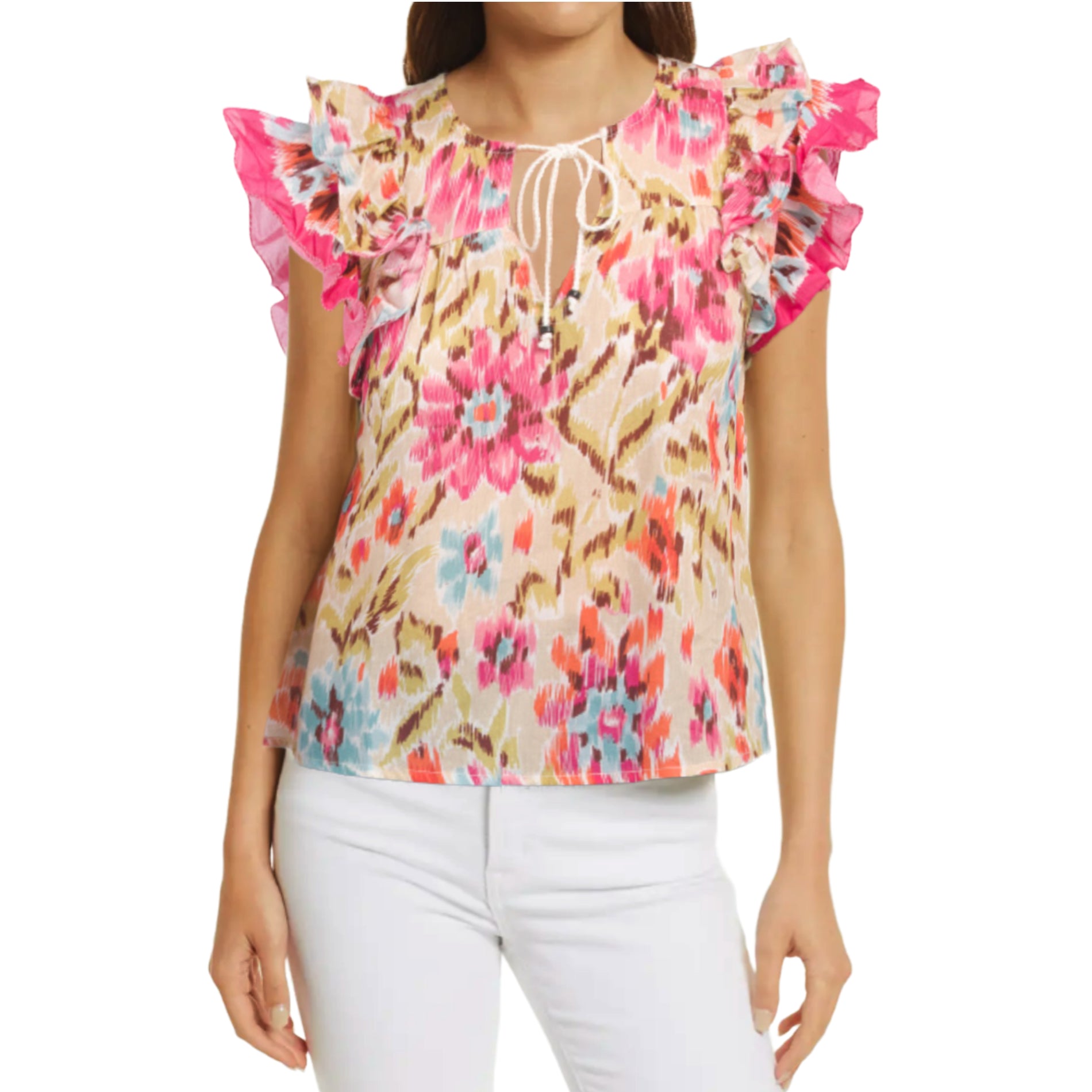 Lucky Brand Women's Floral Print V-Neck Ruffle Sleeve Cotton Lightweight  Blouse Top 