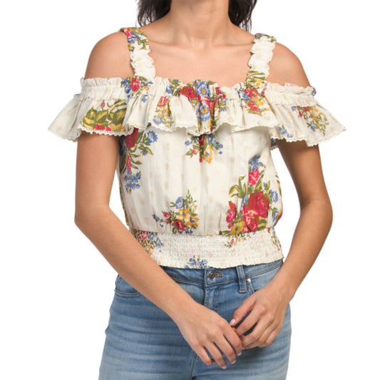 Hause of Harlow Smocked Floral Print Ruffle Off the shoulder Blouse Top