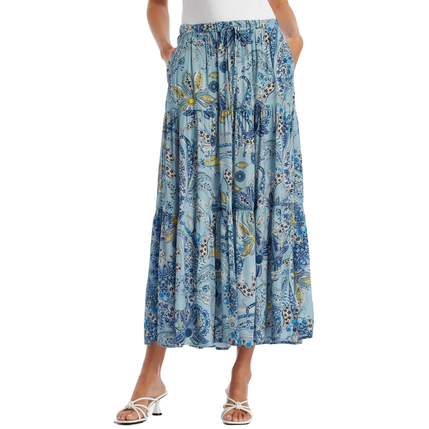 KAREN KANE Boho Floral Paisley Print Side Pockets Tiered Midi Skirt