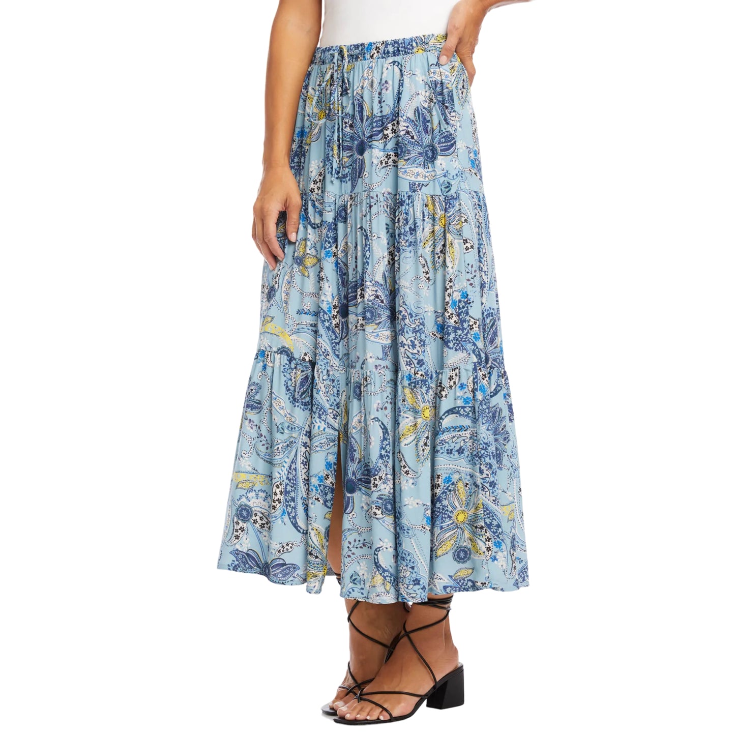 KAREN KANE Boho Floral Paisley Print Side Pockets Tiered Midi Skirt