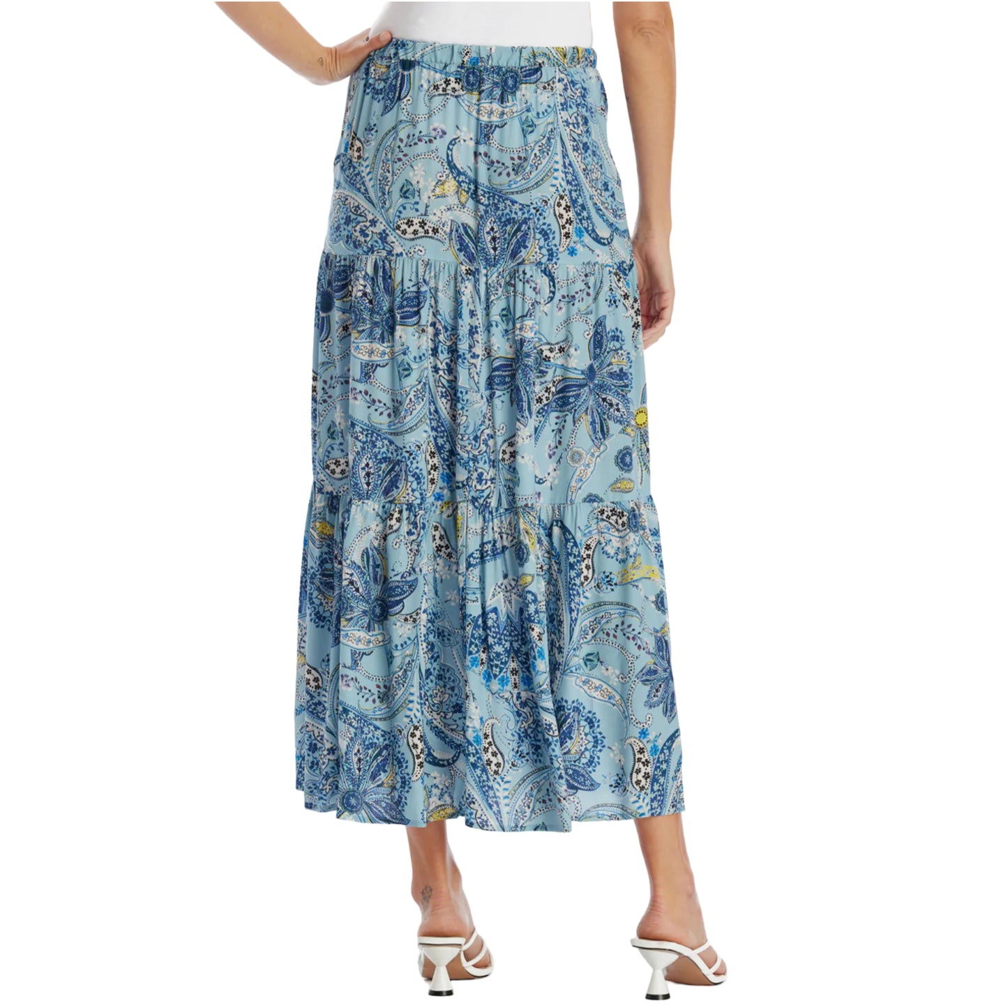 KAREN KANE Boho Floral Paisley Print Side Pockets Tiered Midi Skirt