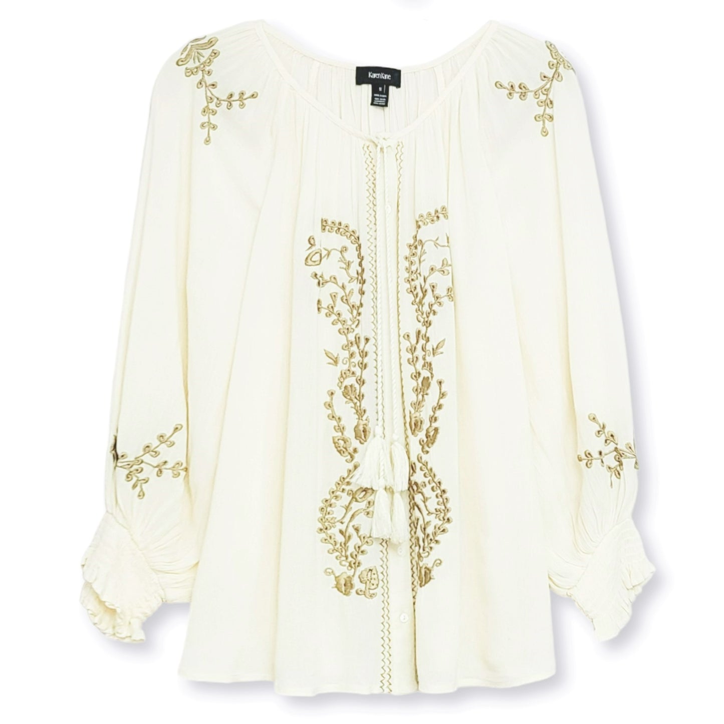 KAREN KANE Plus Floral Embroidered Tassels Button Front Peasant Blouse Top