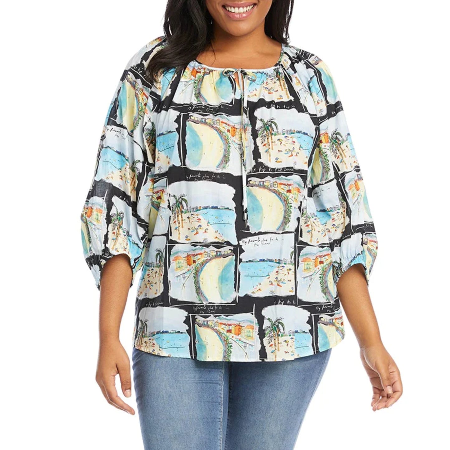 Karen Kane Women's Plus Boho Printed Peasant Blouse Tunic Top