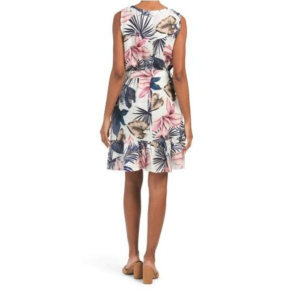 LUNGO L'ARNO Made In Italy Linen V-neck Tie Waist Floral Print Mini Dress White / L LUNGO L'ARNO Made In Italy Linen V-neck Tie Waist Floral Print Mini Dress White / L