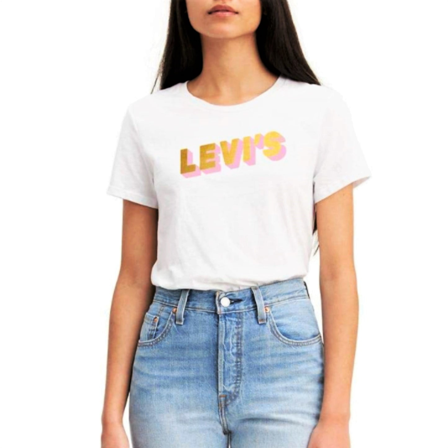 Levi's Women's The Perfect Tee Gold Pink Glitter Logo Print Cotton T-Shirt