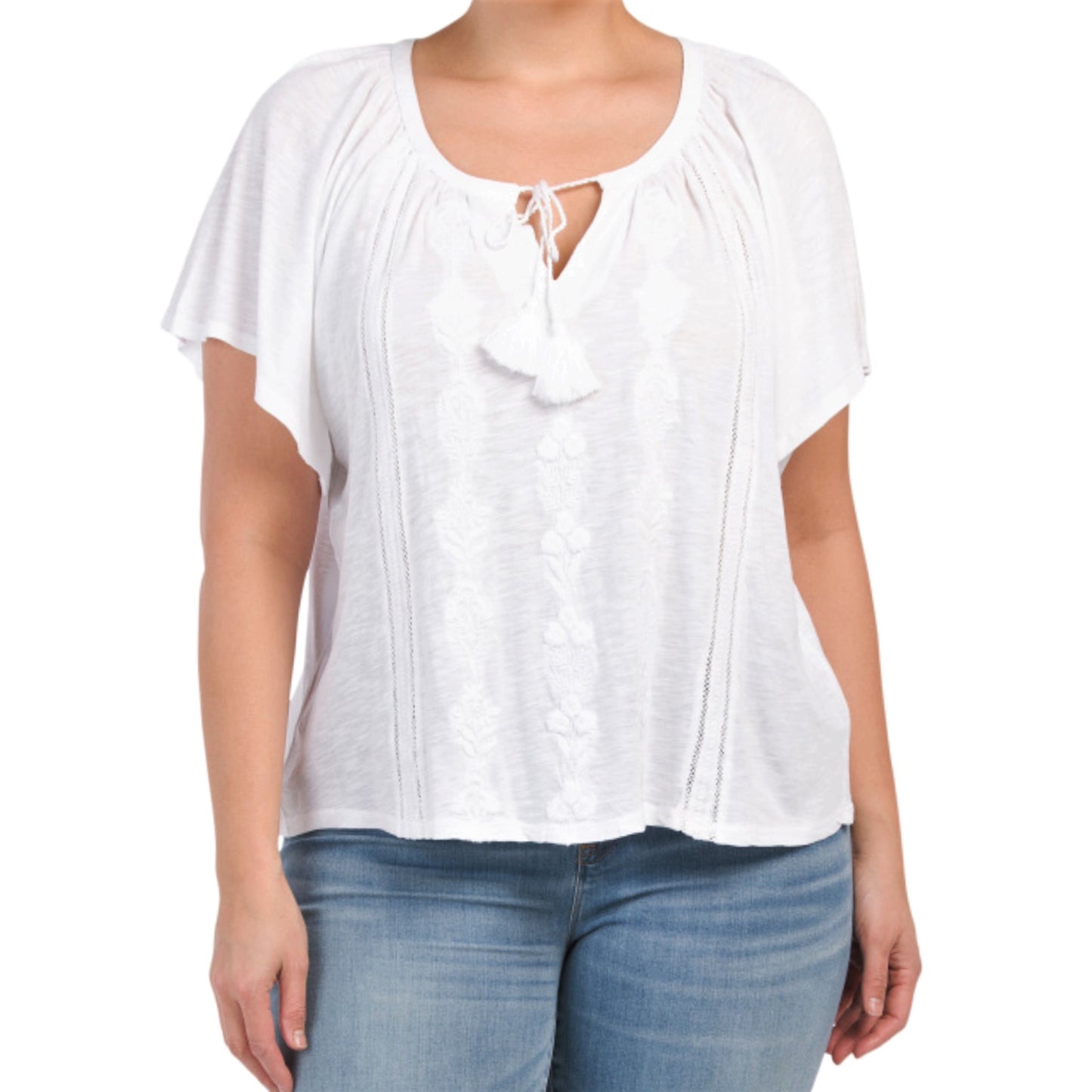 Lucky Brand Women's Plus Tie Neck Embroidered Lightweight Cotton Peasant Top