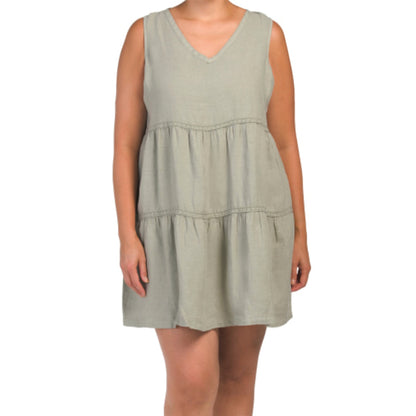Lucky Brand Women's Plus Linen Sleeveless V-neck Tiered Crochet Detail Mini Dress