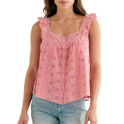 Lucky Brand Women's Embroidered Eyelet Ruffle Button Down Tank Top