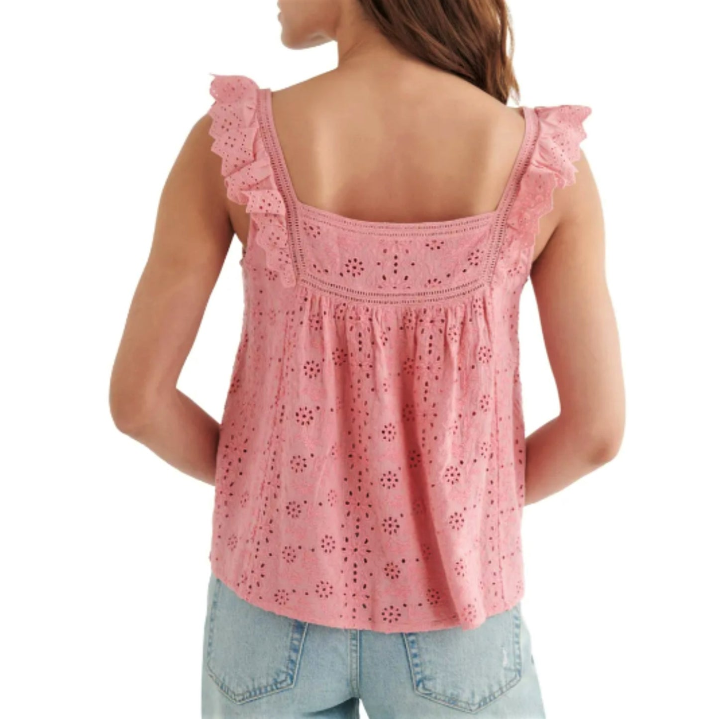 Lucky Brand Women's Embroidered Eyelet Ruffle Button Down Tank Top