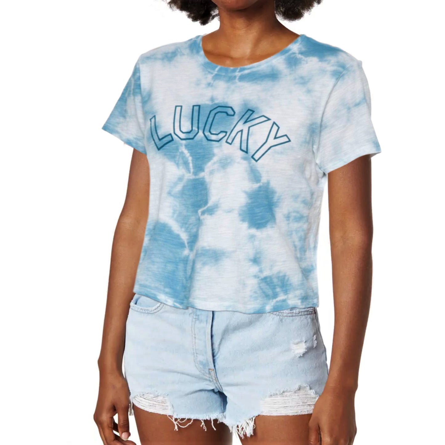 Pair this Lucky Brand T-shirt with your favorite jeans or shorts for a relaxed, up-for-anything weekend look. Soft, breathable cotton jersey in a crew neck style features a bold front graphic. The relaxed fit and cropped length create an effortless, trendy silhouette perfect for casual days. Short sleeves and 100% cotton fabric keep you comfortable all day long.