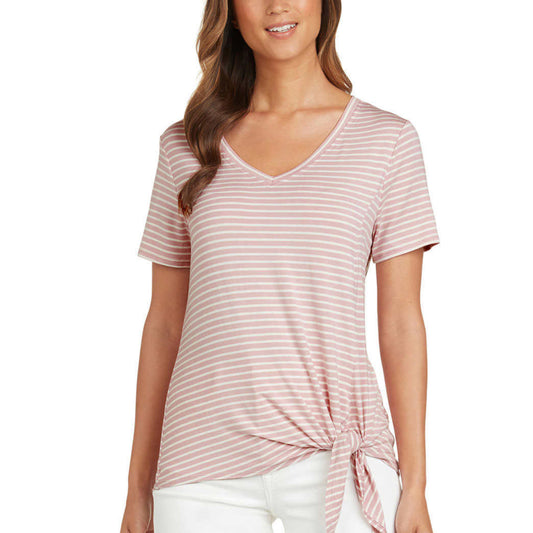 Matty M Women's Stripe Print Tee V-Neck Side Tie T-shirt Top