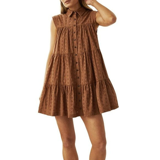 Mon Renn Women's Florence Floral Embordered Cotton Tiered Flare Button Down Mini Dress