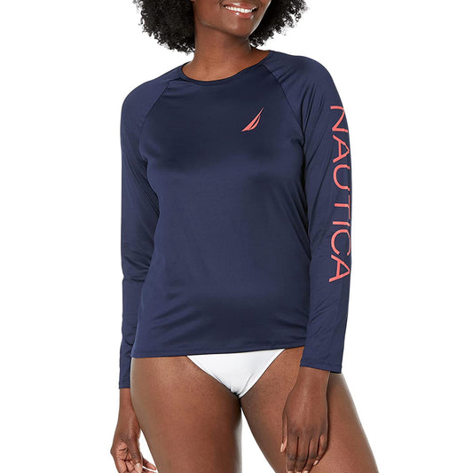 Nautica Women's Long Sleeve Logo Graphic Print UPF 30+ Beach Rashguard Swim Top